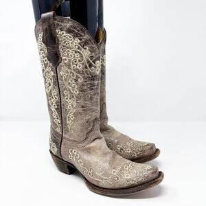 Corral Teen Taupe Leather Western Boots Girls Size 2 Pull On Made in Mexico